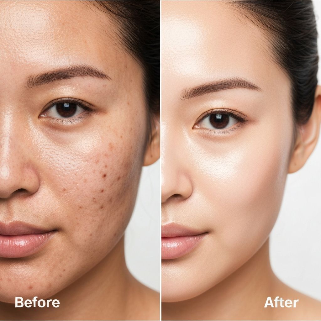 Client before and after Korean facial treatment showing improved skin texture